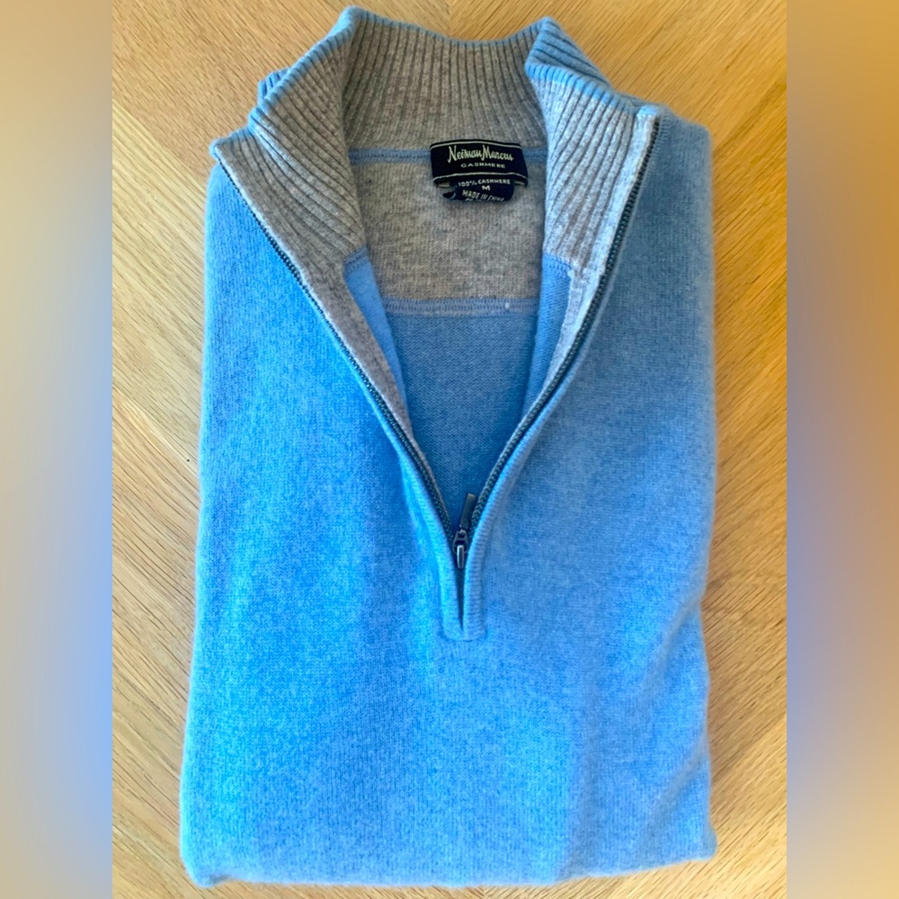 Men’s light blue cashmere 1/4 zip sweater from Neiman Marcus